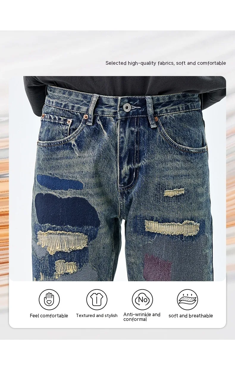 Calças jeans retas retrô soltas estilo americano com detalhes destroyed para homens, conforto e estilo casual. — foto 19