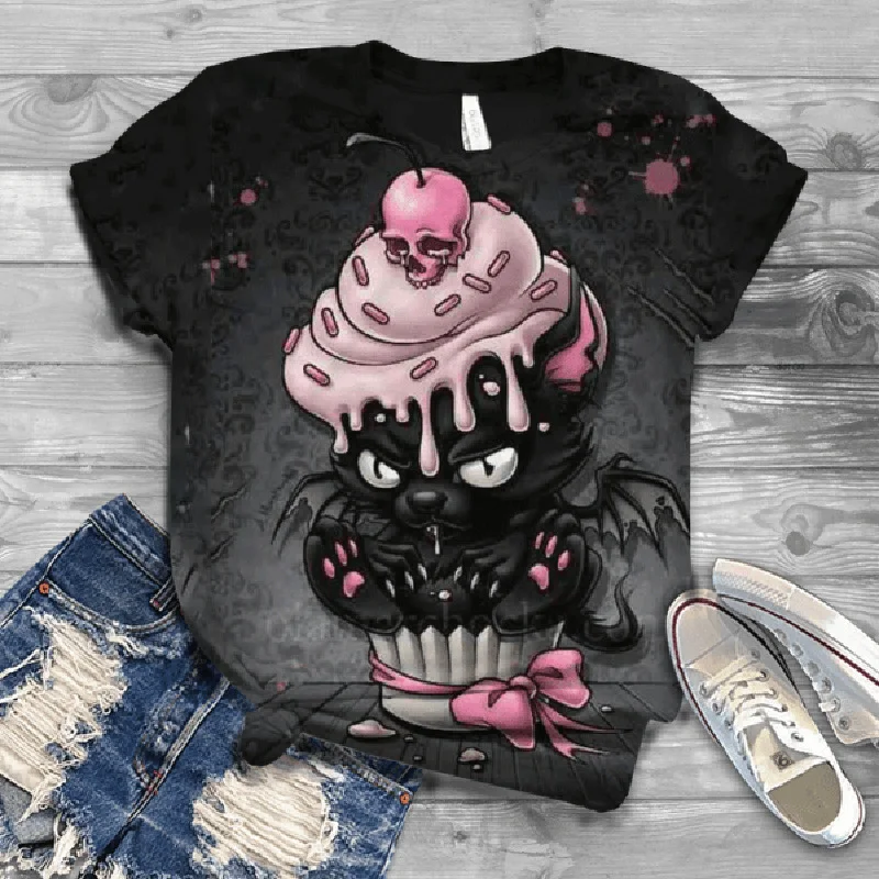 Damesmode Kat Print T-shirt met korte mouwen, perfect voor een trendy en comfortabele look. Ideaal voor dagelijks gebruik of speciale gelegenheden. — foto 6