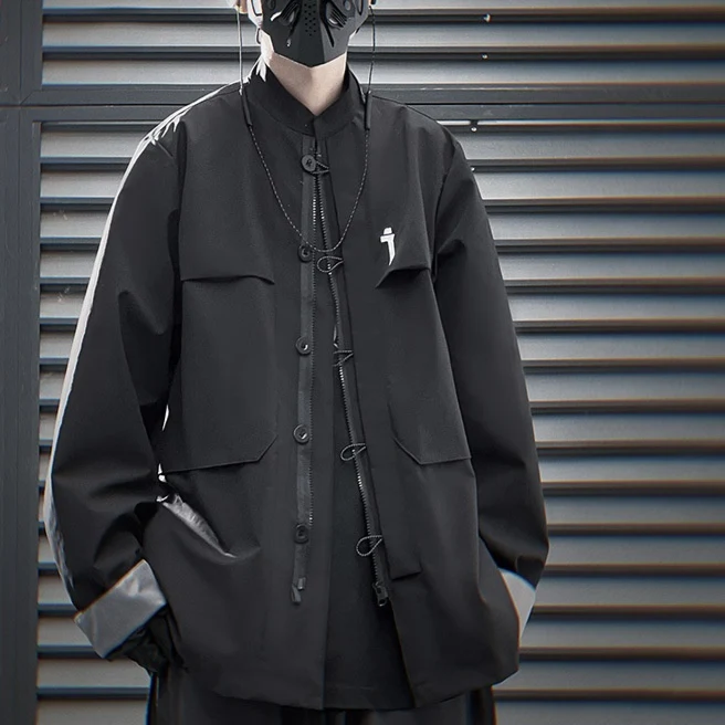 Jaqueta funcional masculina solta estilo chinês com gola alta. Casaco casual no estilo chinês para homens, perfeito para um visual moderno e confortável. — foto 7