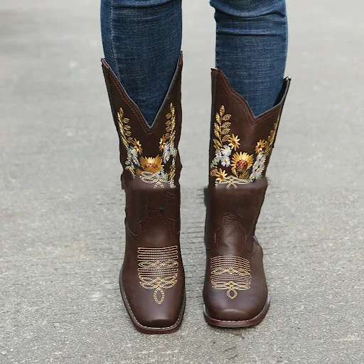 Title 6, Large size flat-bottomed boots featuring sunflo...
