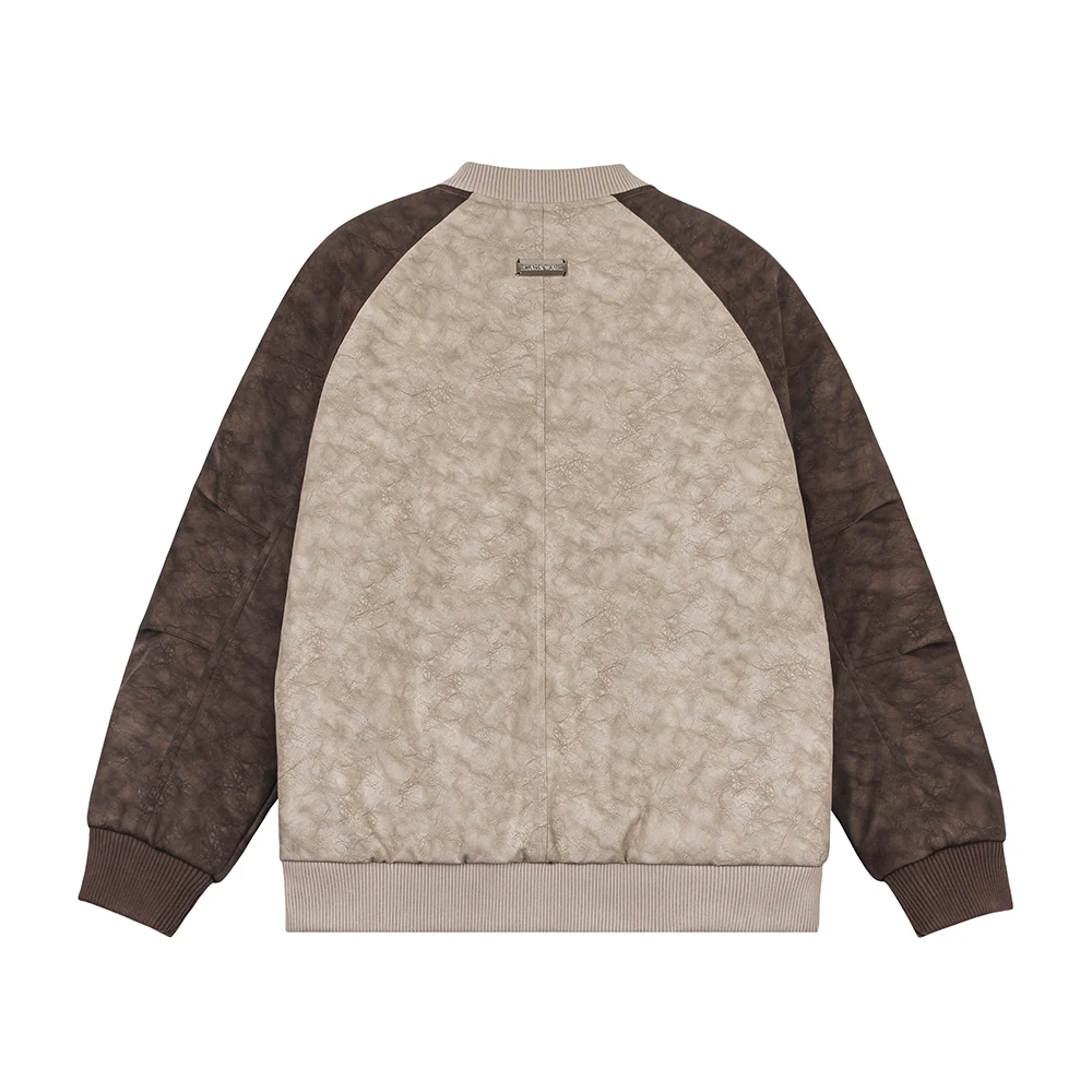 Jaqueta de beisebol raglan patchwork com contraste de cores, couro PU e algodão, manga comprida, perfeita para um visual casual e estiloso. — foto 12