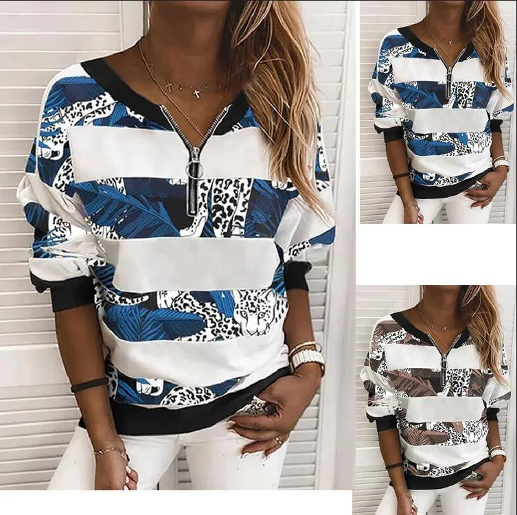 Camiseta solta com zíper e manga comprida estampada em V — foto 1