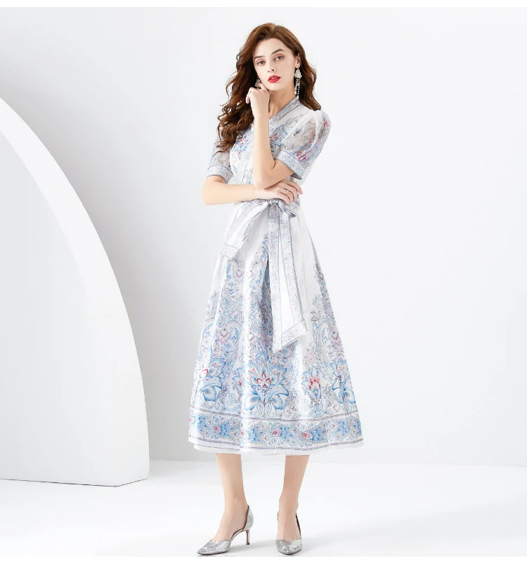 Title 5, V-neck Lantern Sleeve Long Printed Dress