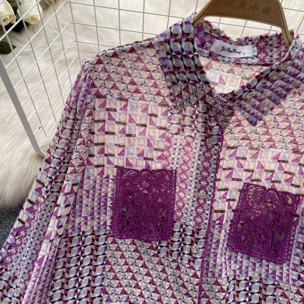 Title 5, Camisa de chiffon manga longa estampada feminin...
