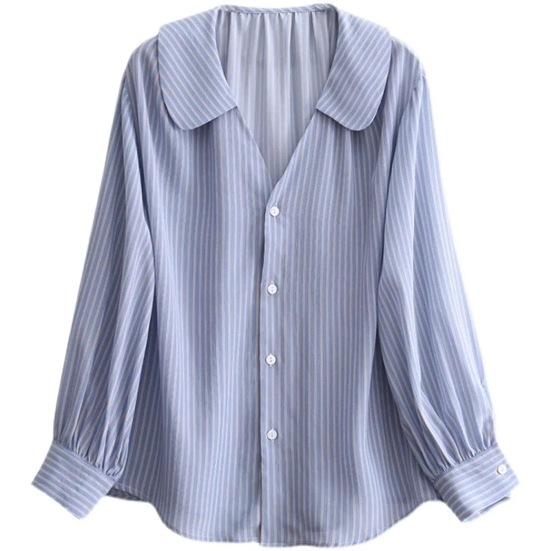 Title 6, Blue Striped Shirt Small Number Sleeve Loose