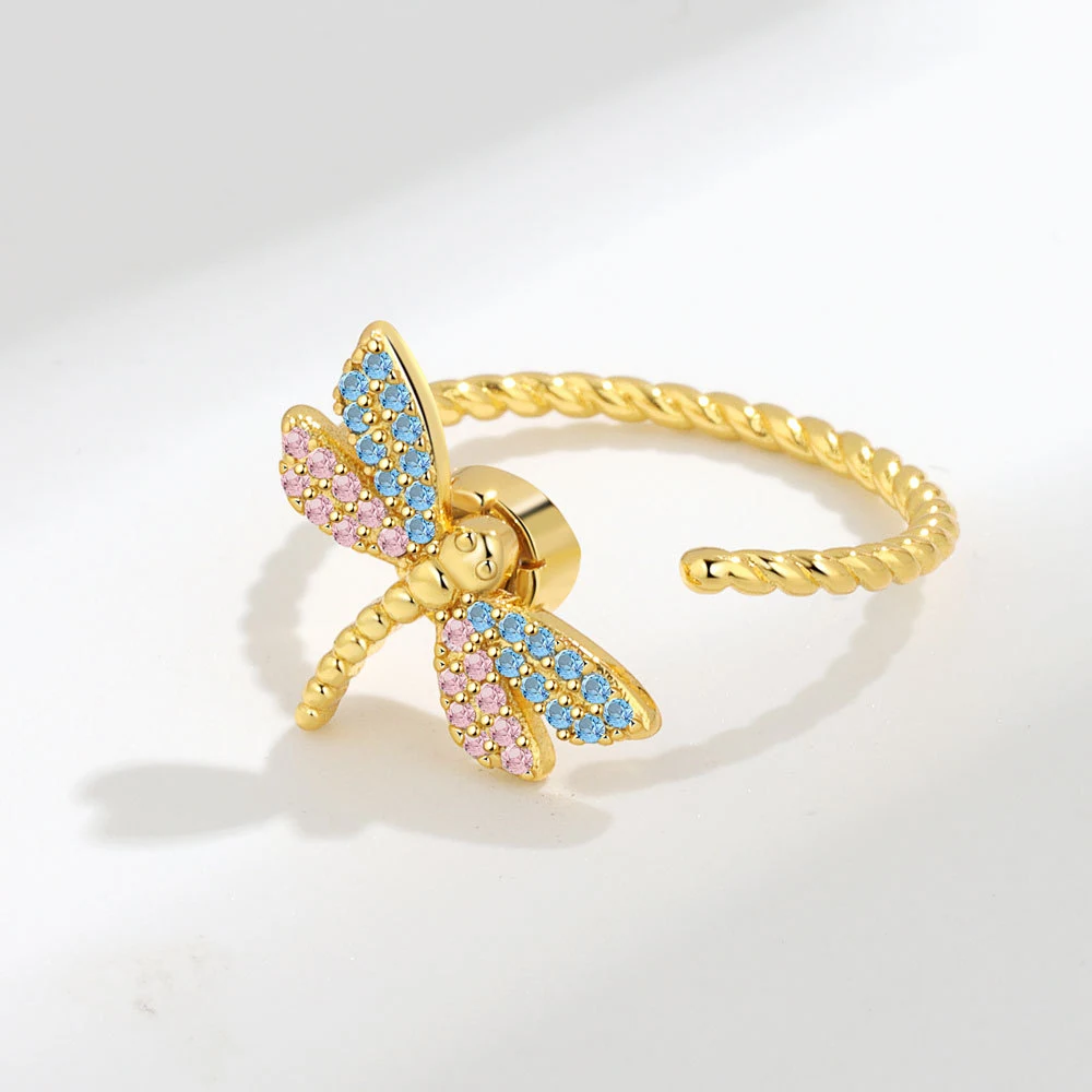 Anel Aberto de Libélula Feminino com Zircônia e Diamante Colorido Jóia Charmosa e Moderna Presente Perfeito. — foto 4