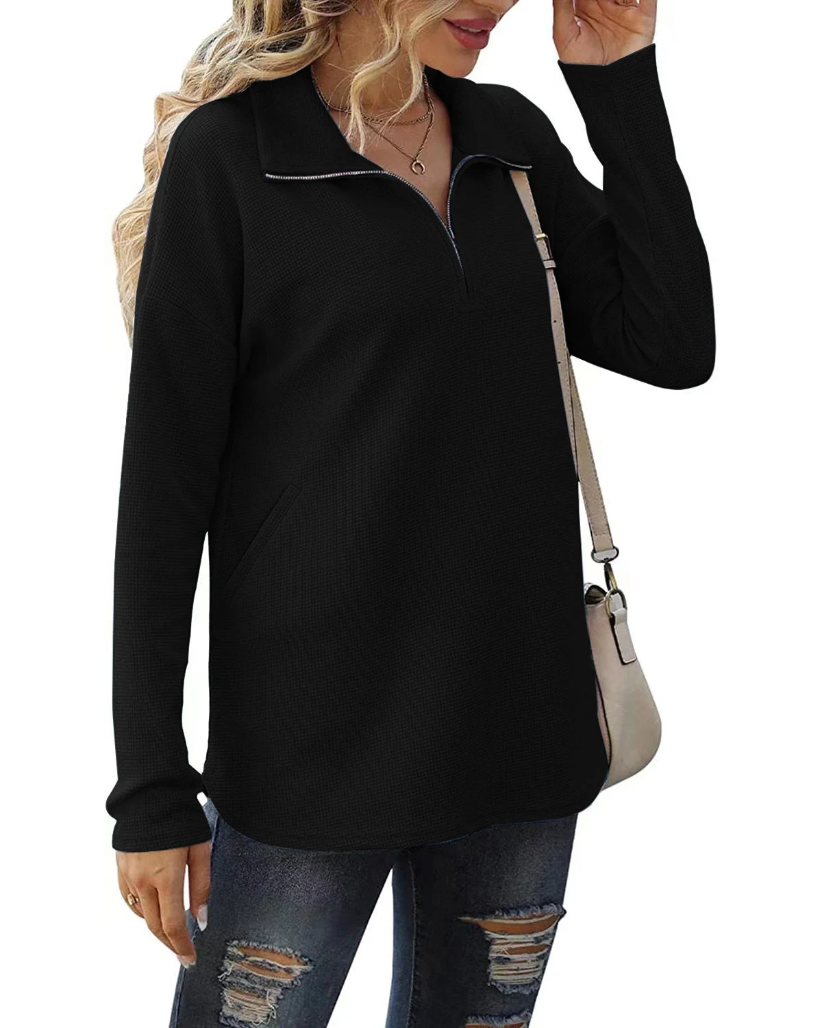 Title 11, Damen Loose Zip Pocket Strick-T-Shirt Langarmsh...