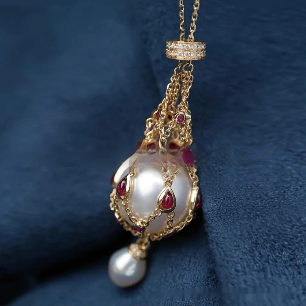 Colar de pérolas com pingente lavalier de pedra preciosa, bolsa de rede de metal, um acessório elegante e sofisticado. — foto 6