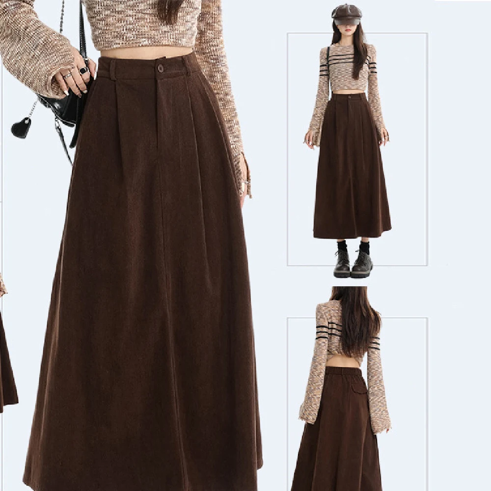Saia marrom de cós alto em veludo cotelê para mulheres, confortável e elegante, valoriza a silhueta e oferece um visual moderno e sofisticado. — foto 2