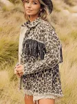 Women's Tassel Washed Distressed Leopard Denim Jacket for a chic and stylish look, comfortable and versatile, perfect fo — photo 7