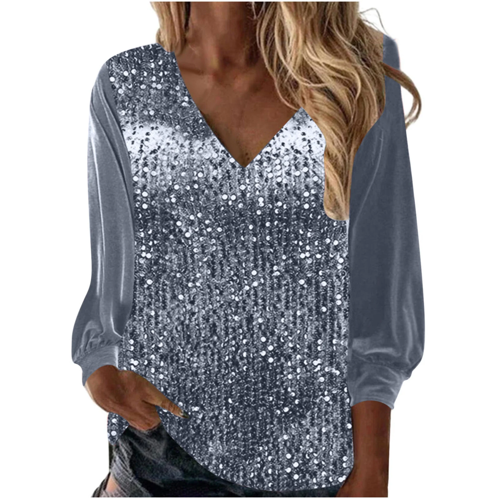 Abito da donna in velluto dorato con paillettes, scollo a V, maniche lunghe, vestibilità ampia, perfetto per serate eleganti e feste. — foto 1