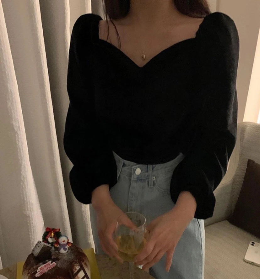 Title 2, Ladies Square Neck Puff Sleeve Velvet Shirt Lon...