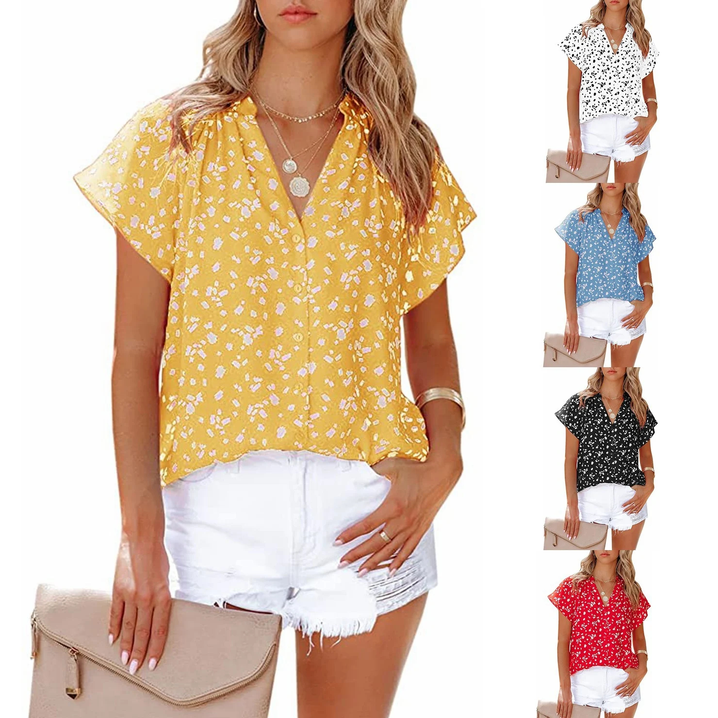 Top Short Sleeve V-Neck Chiffon Print Blouse — photo 7
