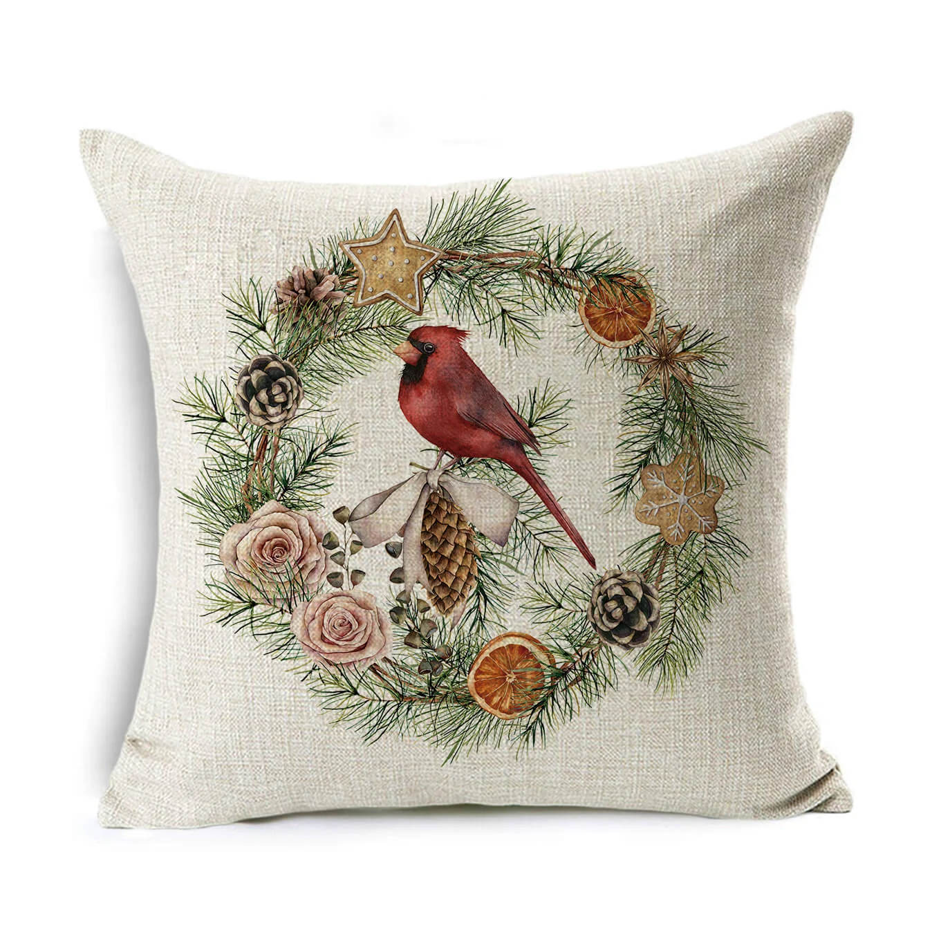 Fronha de travesseiro de linho com coroa de Natal, um abraço aconchegante. Ideal para presente e decoração natalina, combinando conforto e elegância. — foto 6