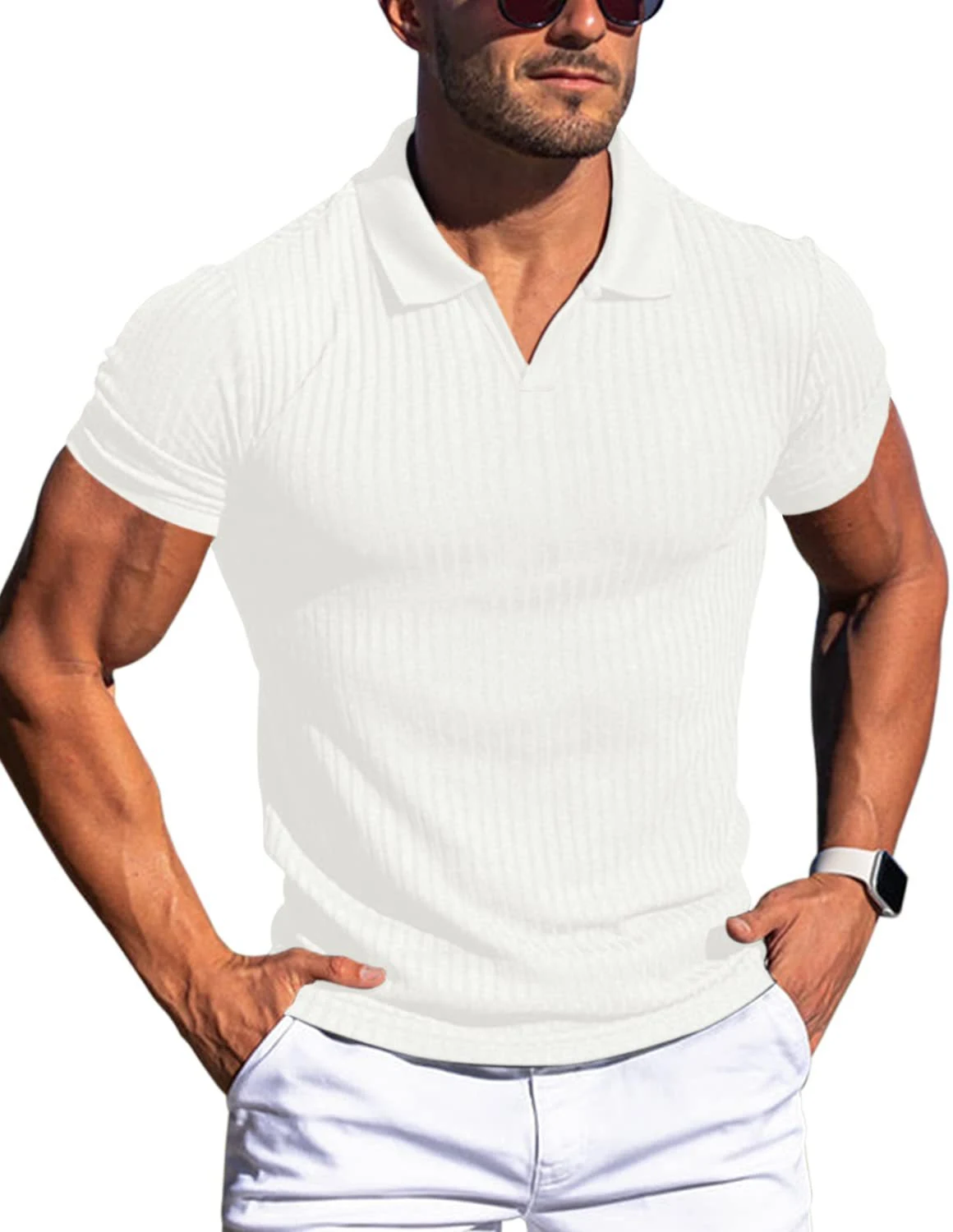 Men's Polo Shirt Lapel V-neck Vertical Striped Short Sleeve T-shirt, Stylish and Comfortable Summer Wear — photo 8