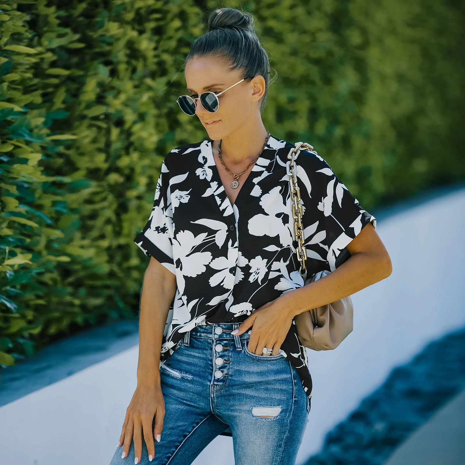 Camisa de gasa suelta con estampado de seda de hielo para mujeres europeas y americanas — foto 6
