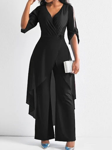 Title 2, Elegant Casual Solid Color Slim V-neck One-piec...