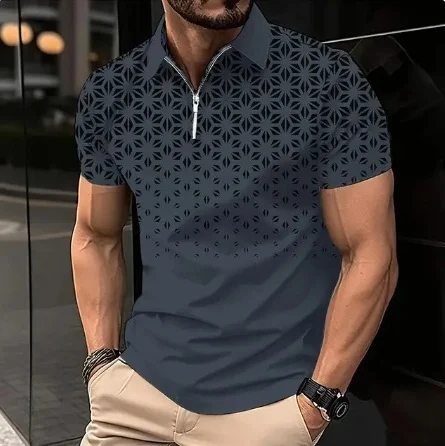 T-shirt da uomo casual con zip, stampa digitale 3D, maniche corte, tendenza moderna e confortevole per l'uso quotidiano. — foto 5