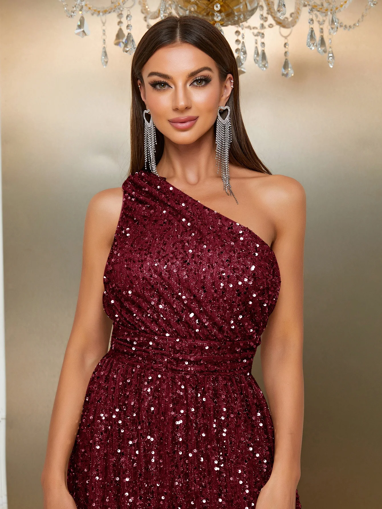 Title 5, Sequined Slant Shoulder Party Dress High-end Slit