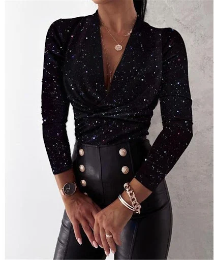 Title 2, Blusa Feminina Sexy Manga Longa com Decote em V...