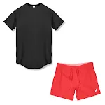 Black top red shorts