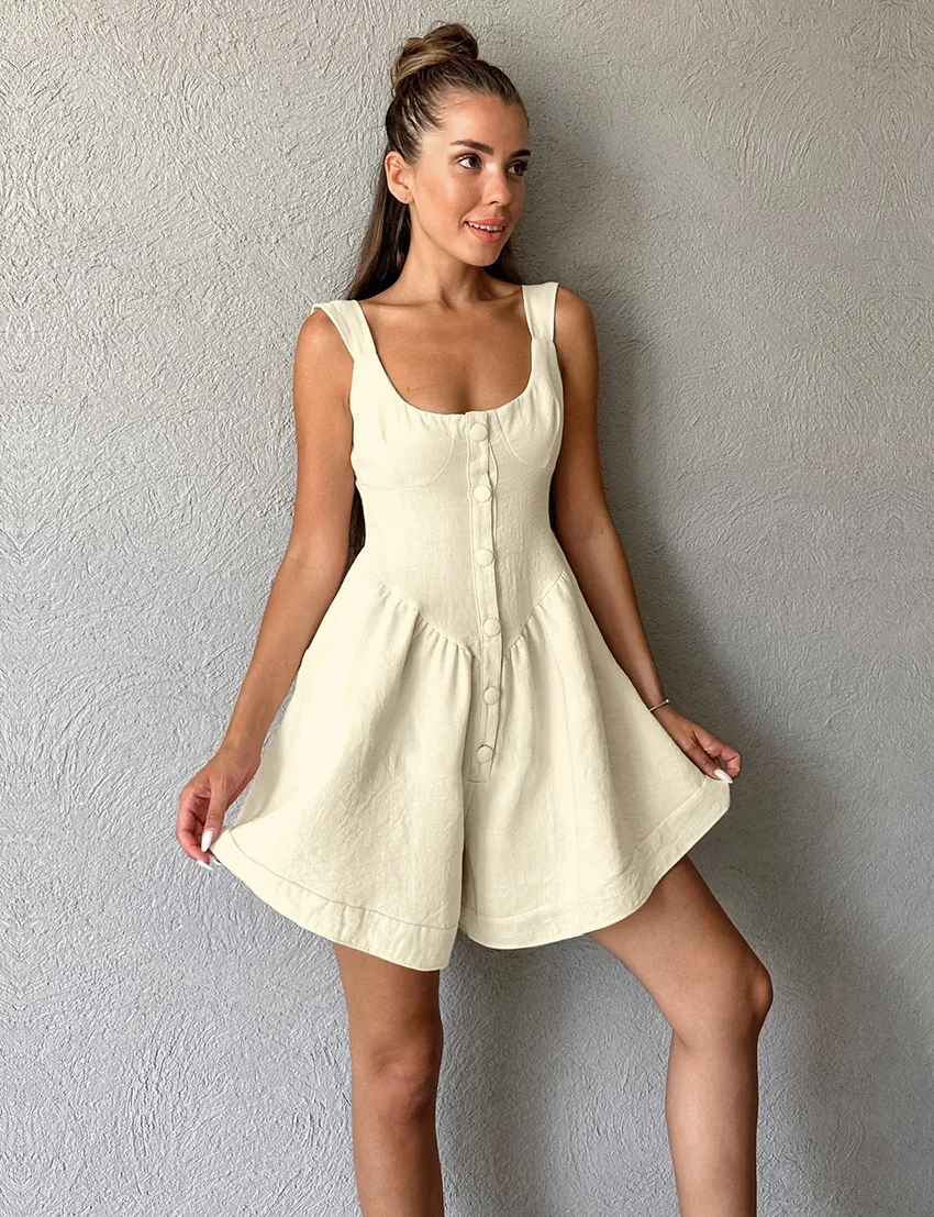 Title 6, Kaki katoenen linnen jumpsuit met wijde pijpen,...