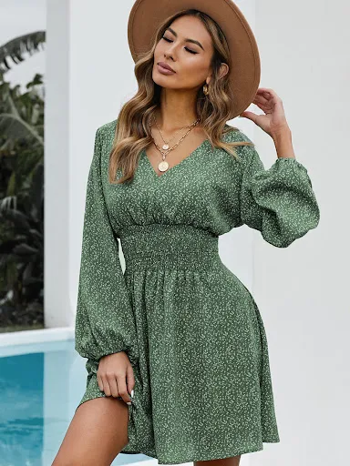 Title 2, Polka Print Long Sleeve Dress V Neck Lantern Sl...