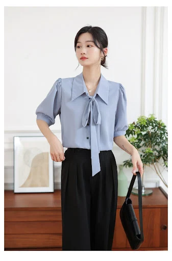 Title 14, Smoke Blue Short-sleeved Chiffon Shirt Korean S...