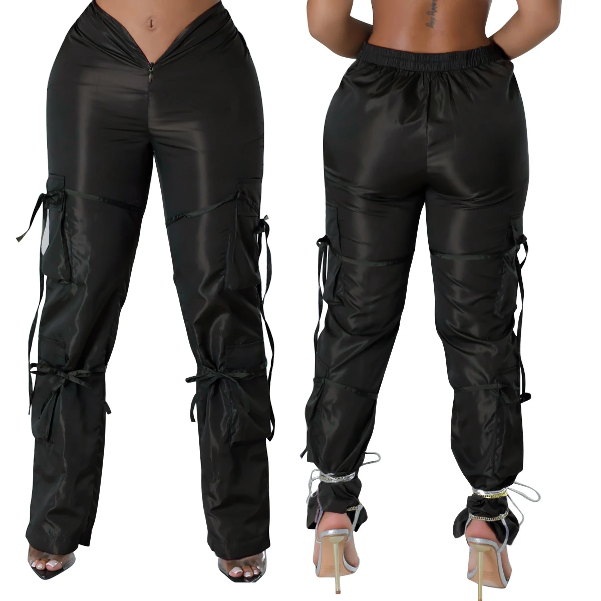 Women's green solid color casual trousers with zipper closure and strap, offering comfort and style for everyday wear an — photo 12