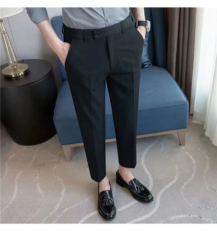 Męskie spodnie garniturowe z elastyczną talią, długość do kostki, slim fit, spodnie codzienne, idealne na co dzień. — zdjęcie 1