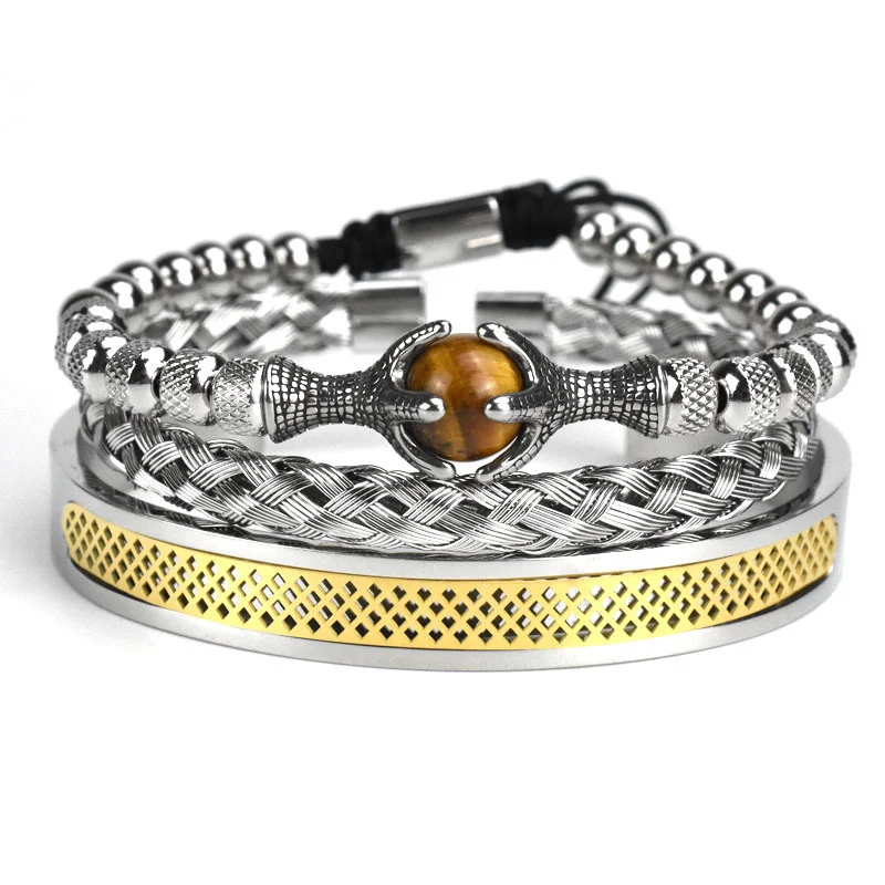 Conjunto de pulseiras retrô com águia vazada, garra de tigre e pedra. Malha de aço inoxidável para estilo e durabilidade. — foto 10