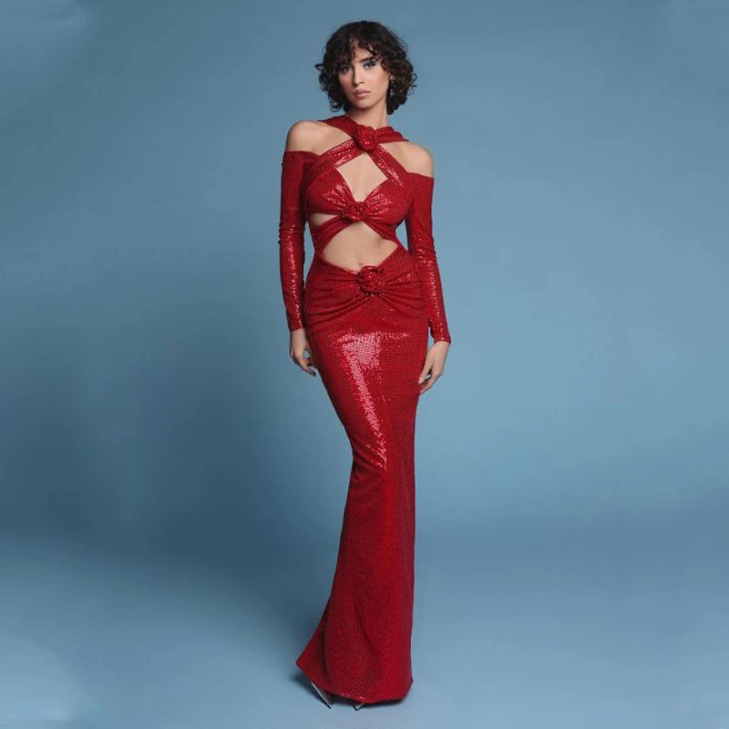 Vestido feminino com decote em V e manga comprida com fenda na bainha — foto 6