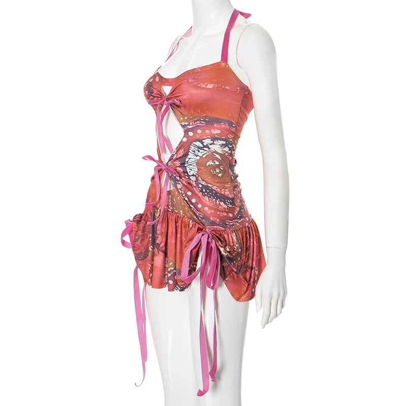Title 3, Printed Halter Lace-up Backless Hip Skirt