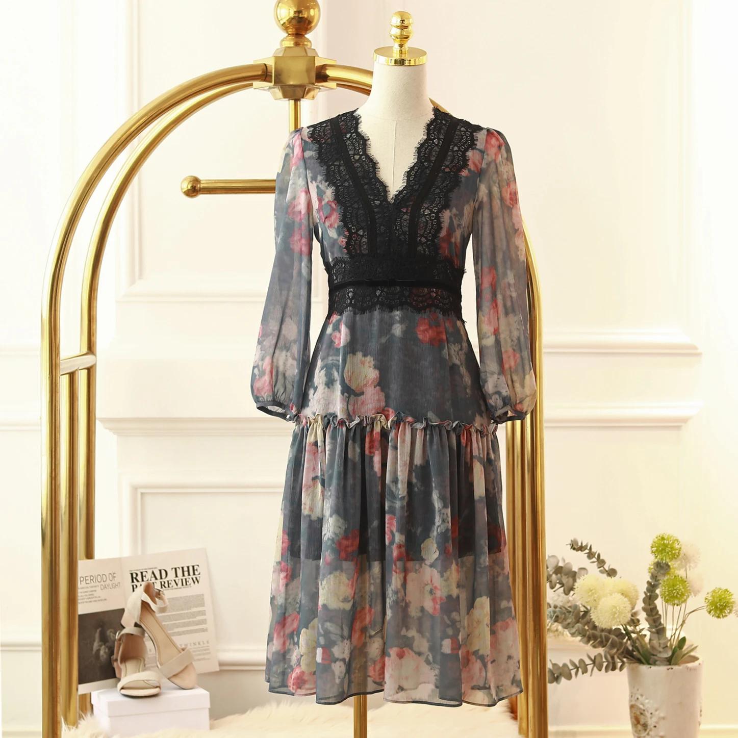 Elegant Slim Ink Lace Ninth-sleeve Dress — photo 4