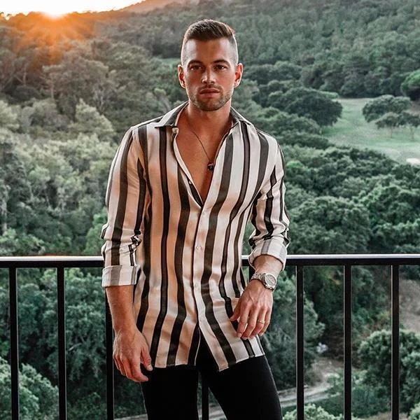 Title 3, Camisa masculina casual listrada de manga longa...