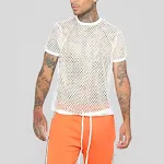 Durchsichtiges T-Shirt mit hohlen kurzen Ärmeln und Gittermuster. Perfekt für Sommer, sexy Look, leicht zu kombinieren. — foto 4