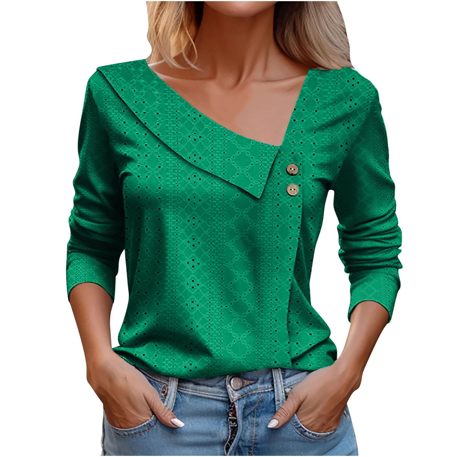 T-shirt d'été européenne américaine pour femmes, couleur unie, col en V, boutons, manches longues, idéale pour un look décontracté et élégant. — photo 8