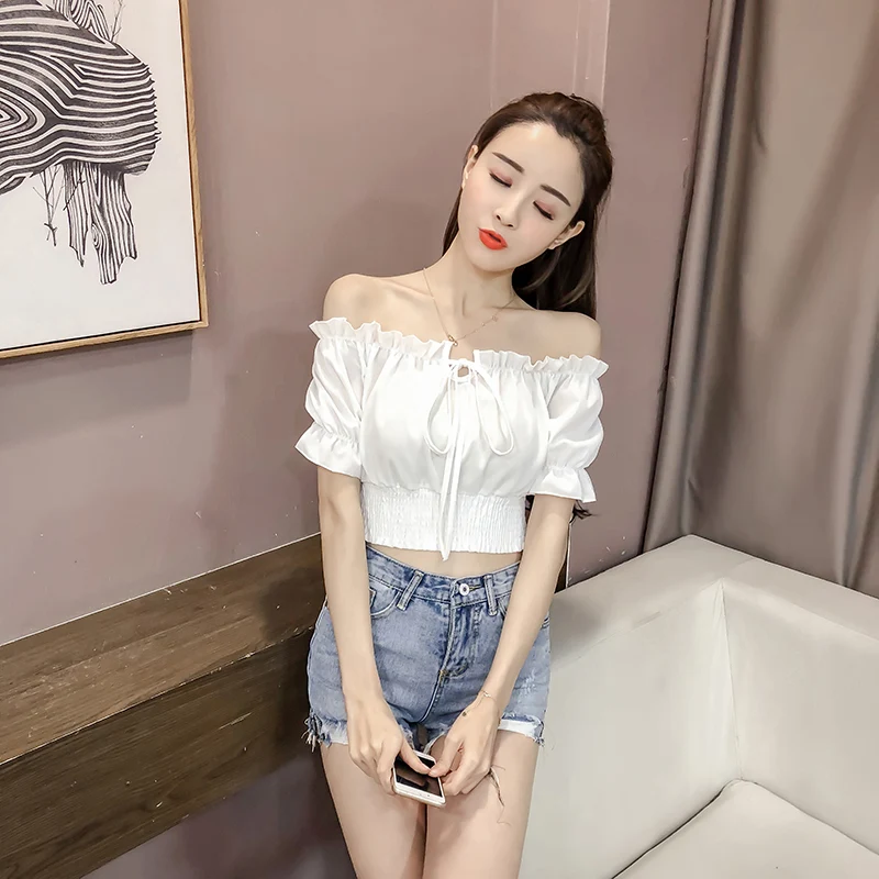 Title 17, Womens High Waist Short Top with One-line Neck...