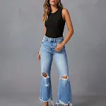 Calças Jeans de perna larga, cintura alta, lavagem europeia e americana, perfeitas para um visual moderno e confortável. — foto 13