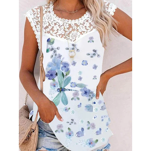 Title 9, Summer Print Crew Neck Lace Trim Casual Loose W...