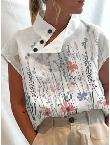 Women's Casual Stand Collar Short-sleeved Digital Printed Top T-shirt — photo 1
