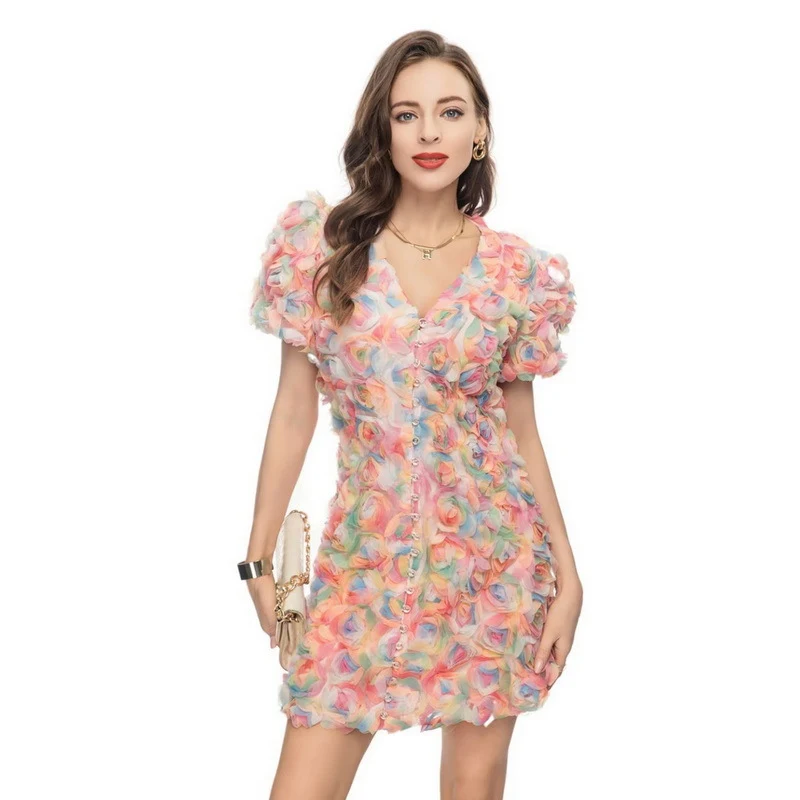 Title 13, V-neck Puff Sleeve Mesh Dress