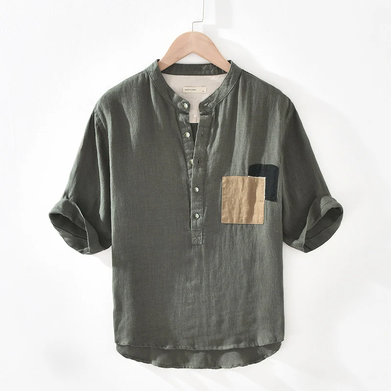 Summer Linen Short-Sleeved T-Shirt Men'S Summer Stand-Up Collar Trend Half-Sleeved Middle-Sleeved T-Shirt Men'S Cotton A — photo 3