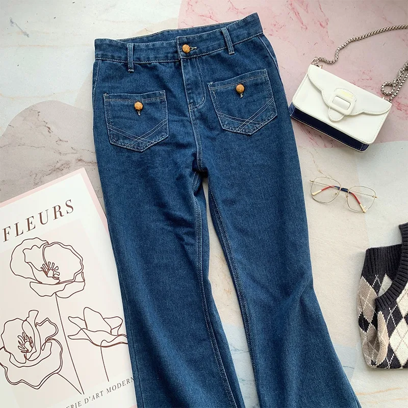 Calças jeans femininas de cintura alta azuis retrô francesas novas, confortáveis, design elegante, perfeitas para um visual vintage e estiloso. — foto 5
