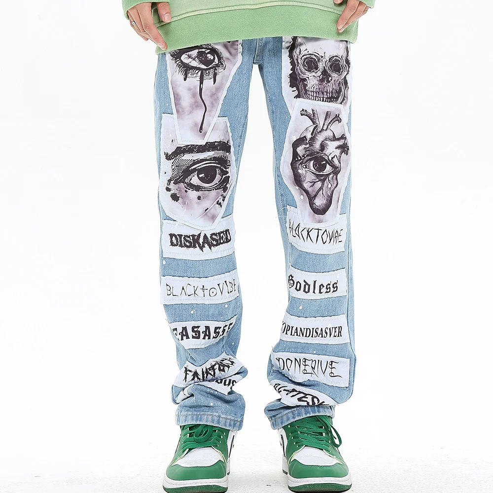 Jeans anchos para hombre, estilo recto, pierna suelta, tela lavada. Pantalones de calle cómodos y modernos para un look casual y relajado. — foto 1