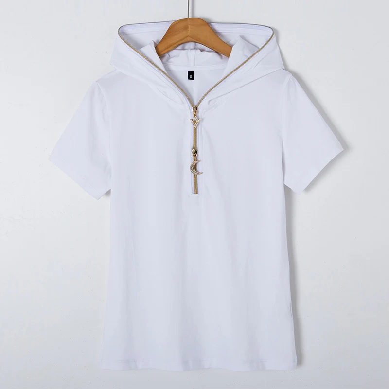 Effen kleur capuchon, rits, slim-fit ondershirt met capuchon, korte mouw — foto 5