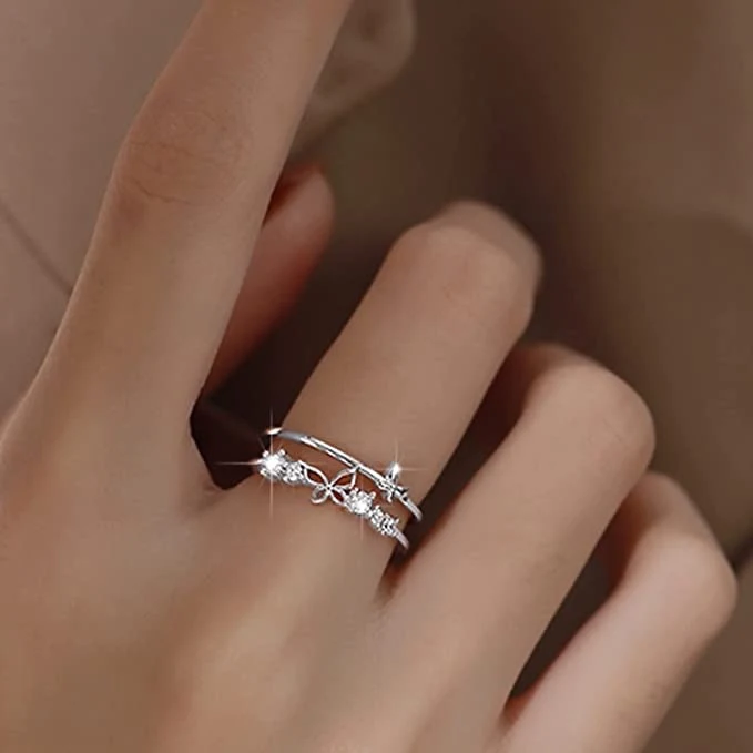 Anel de borboleta duplo feminino, simples e moderno com diamantes. Adicione um toque de sofisticação e brilho ao seu visual diário. — foto 4