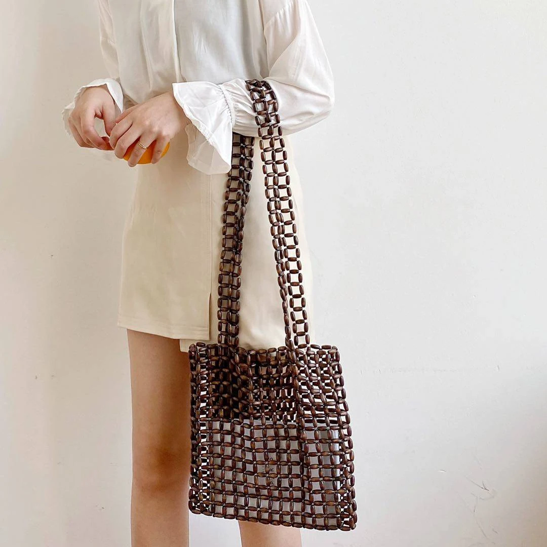 Title 11, Hand-woven Niche Design Wood Beaded One-shoulde...