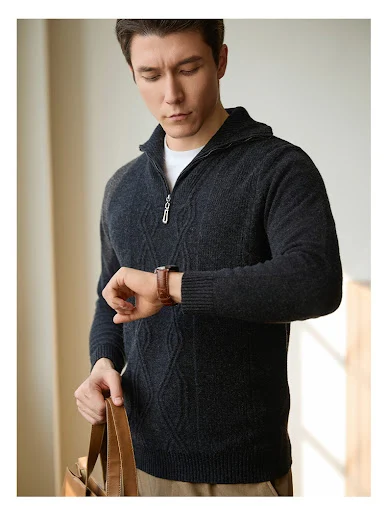 Title 8, Pure Wool Sweater with Half-Height Zip, for Lei...