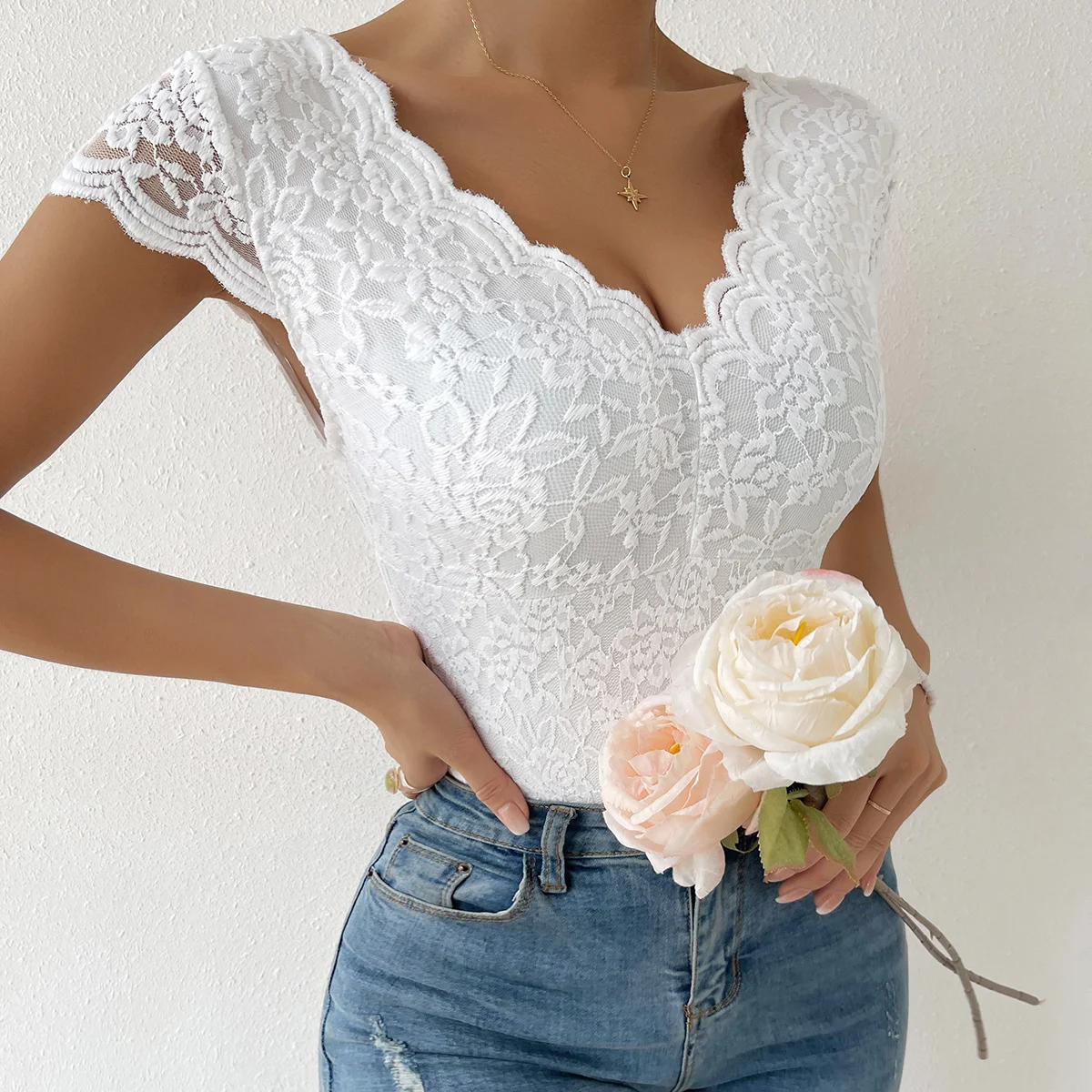 Title 29, Womens Fashion Solid Color Lace Jumpsuit